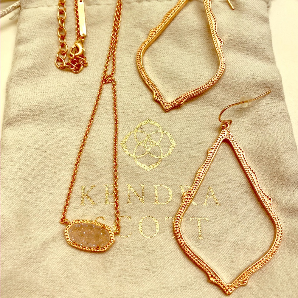 Kendra Scott Rose Gold Necklace and Earrings.